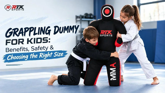RTX Sports grappling dummy size guide for kids showing a 47-inch (119 cm) dummy next to a child in a martial arts uniform.