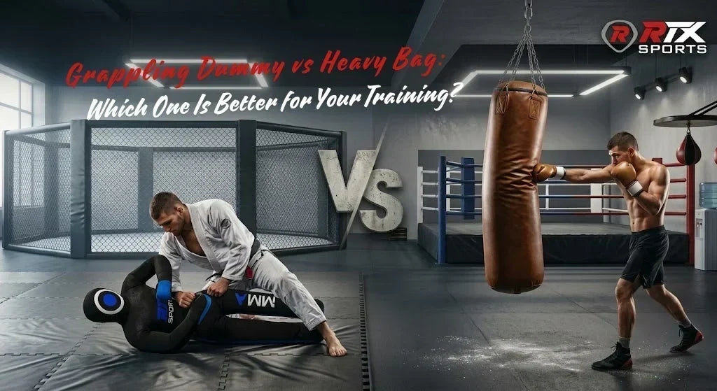 MMA fighter practicing ground control on a grappling dummy in an octagon cage vs. a boxer striking a heavy bag near a boxing ring, with RTX Sports logo.