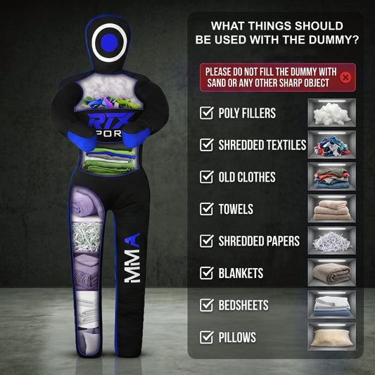 Canvas Unfilled Standing Grappling Dummy - Blue & Black for BJJ, MMA, Judo