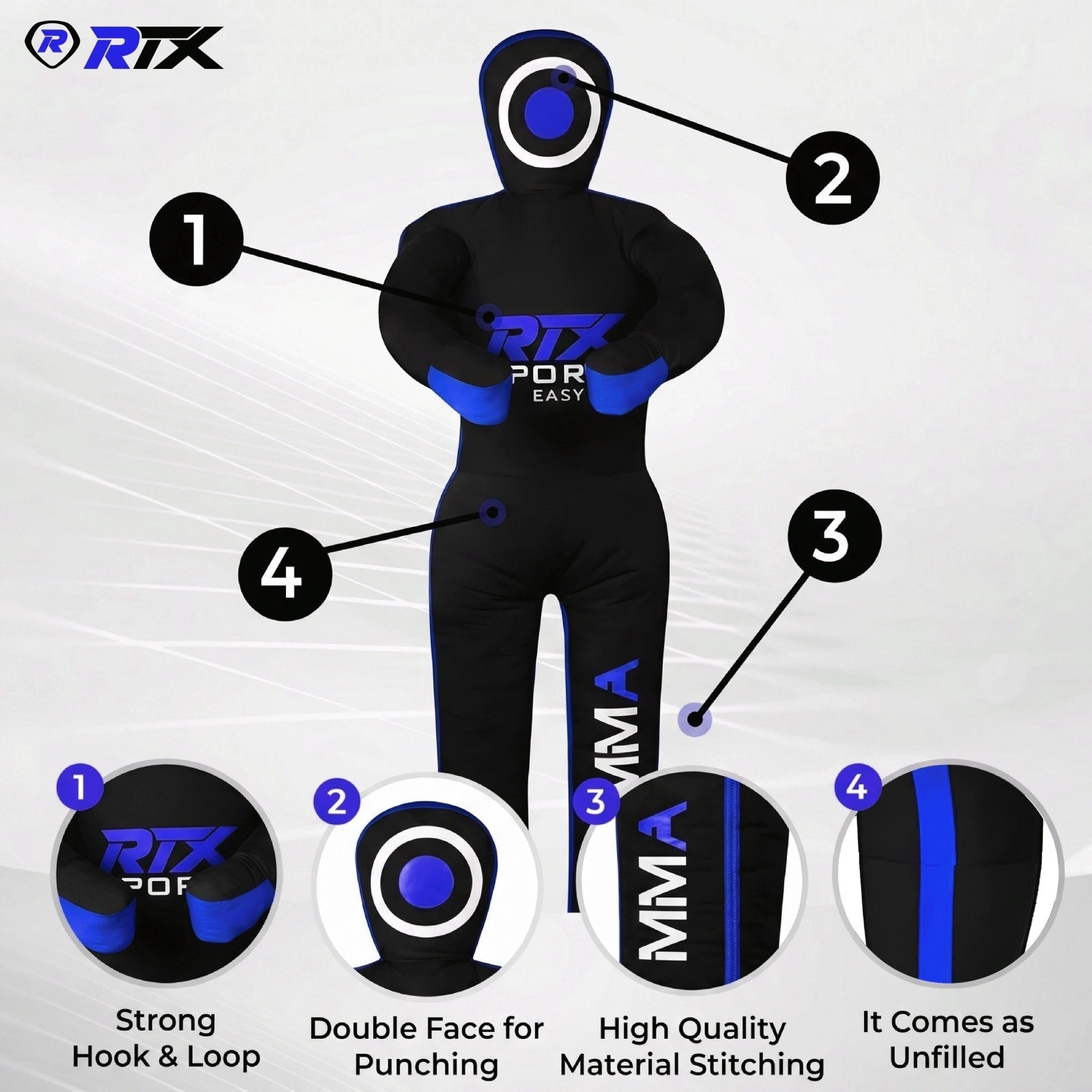 Canvas Unfilled Standing Grappling Dummy - Blue & Black for BJJ, MMA, Judo