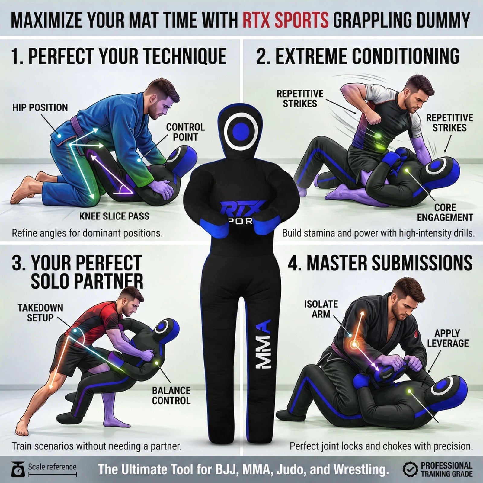 Canvas Unfilled Standing Grappling Dummy - Blue & Black for BJJ, MMA, Judo