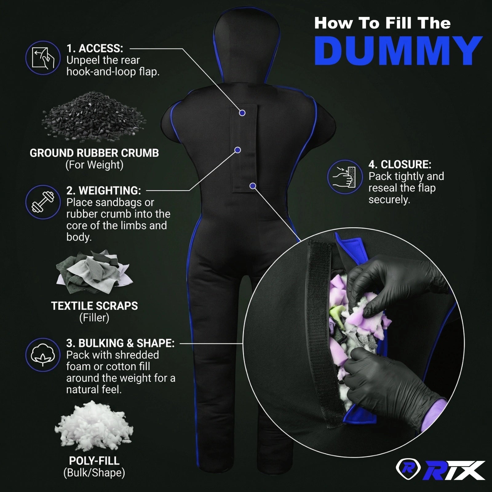 Canvas Unfilled Standing Grappling Dummy - Blue & Black for BJJ, MMA, Judo