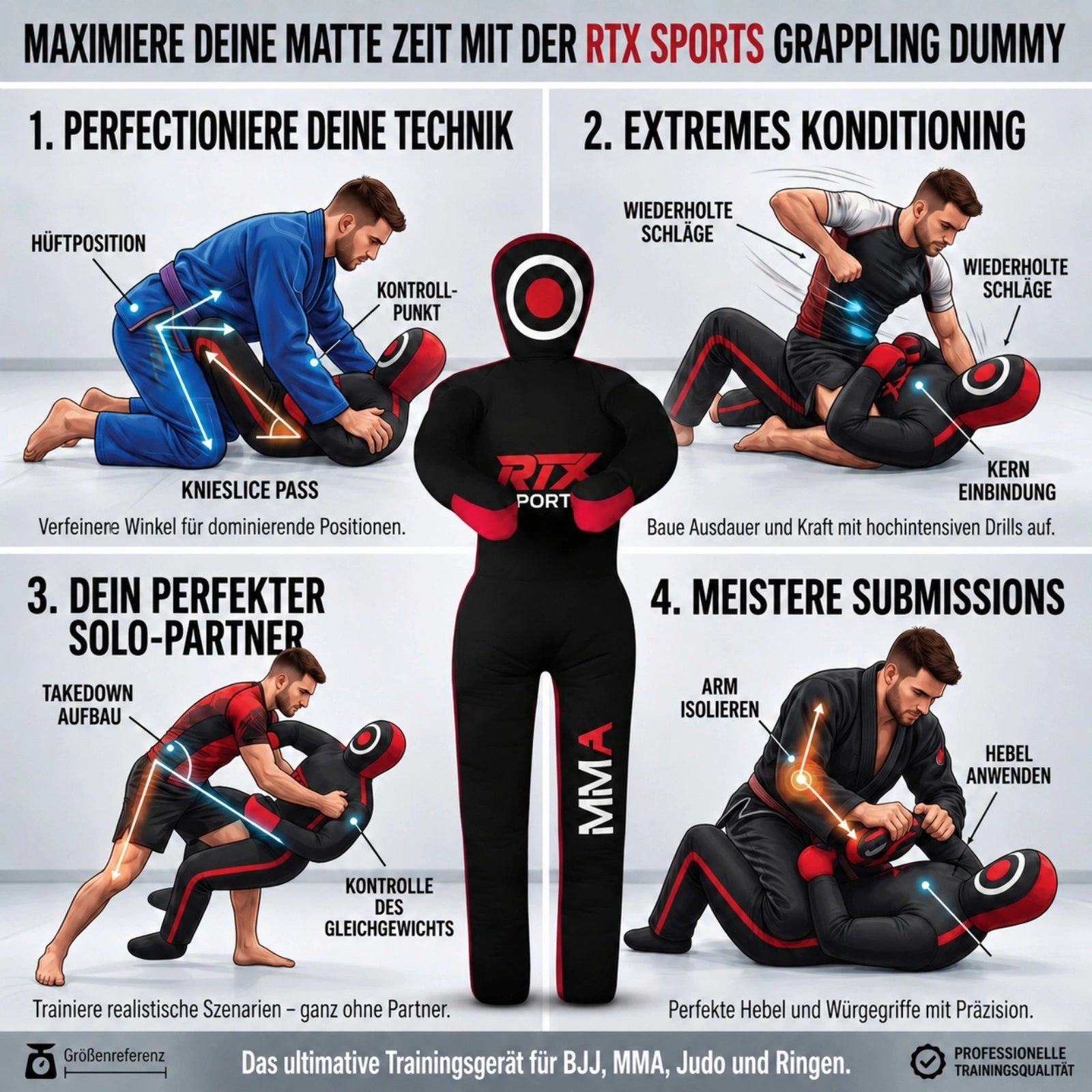 Canvas Unfilled Standing Grappling Dummy - Red & Black for BJJ, MMA, Judo