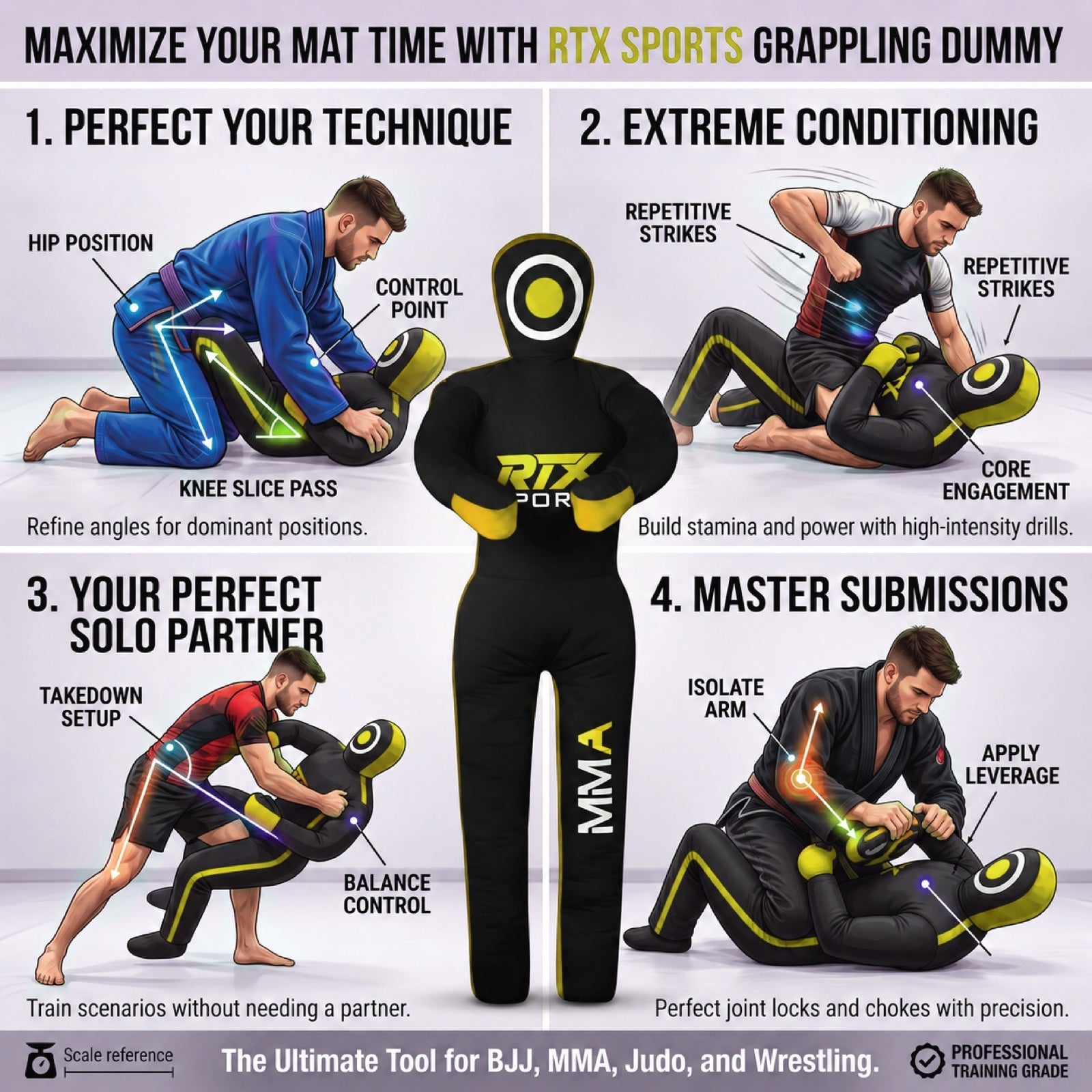 Canvas Unfilled Standing Grappling Dummy - Yellow & Black for BJJ, MMA, Judo