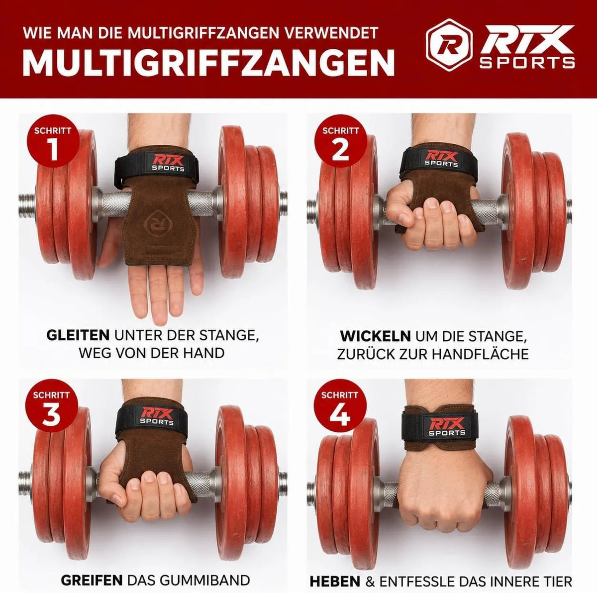 RTX Leder Zughilfen Krafttraining – Lifting Straps mit Premium Grip, Griffhilfe für Deadlift, Fitness & Gym, Handgelenkbandagen für & Gewichtheben, Damen & Herren, 1 Pair